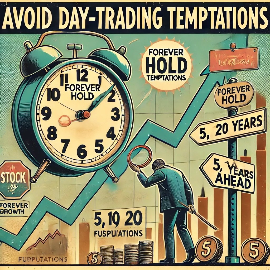 Avoid Day-Trading Temptations illustrates a clock labeled Forever Hold a steady growth chart, and a figure discarding a stock ticker marked Daily Fluctuations