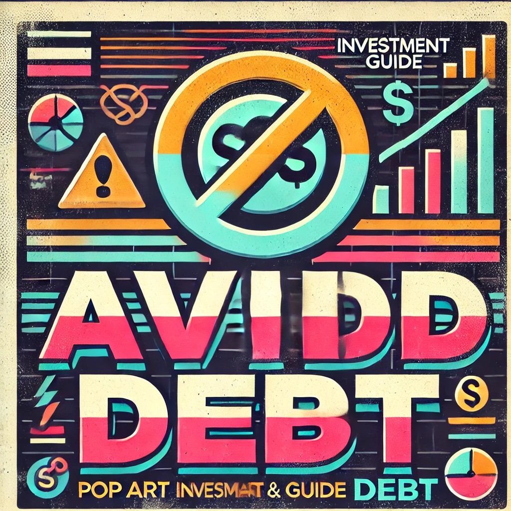 Avoid Debt crossed-out debt icon as a central warning symbol playful yet serious investment guide style