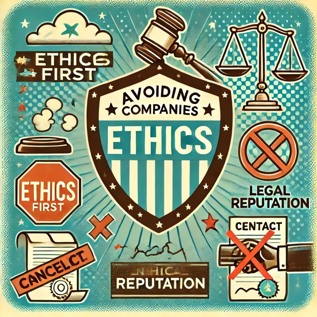 Avoiding Companies with Poor Ethics shield marked Ethics First surrounded by icons like a broken gavel symbolizing legal troubles, a cracked reputation icon and canceled contract