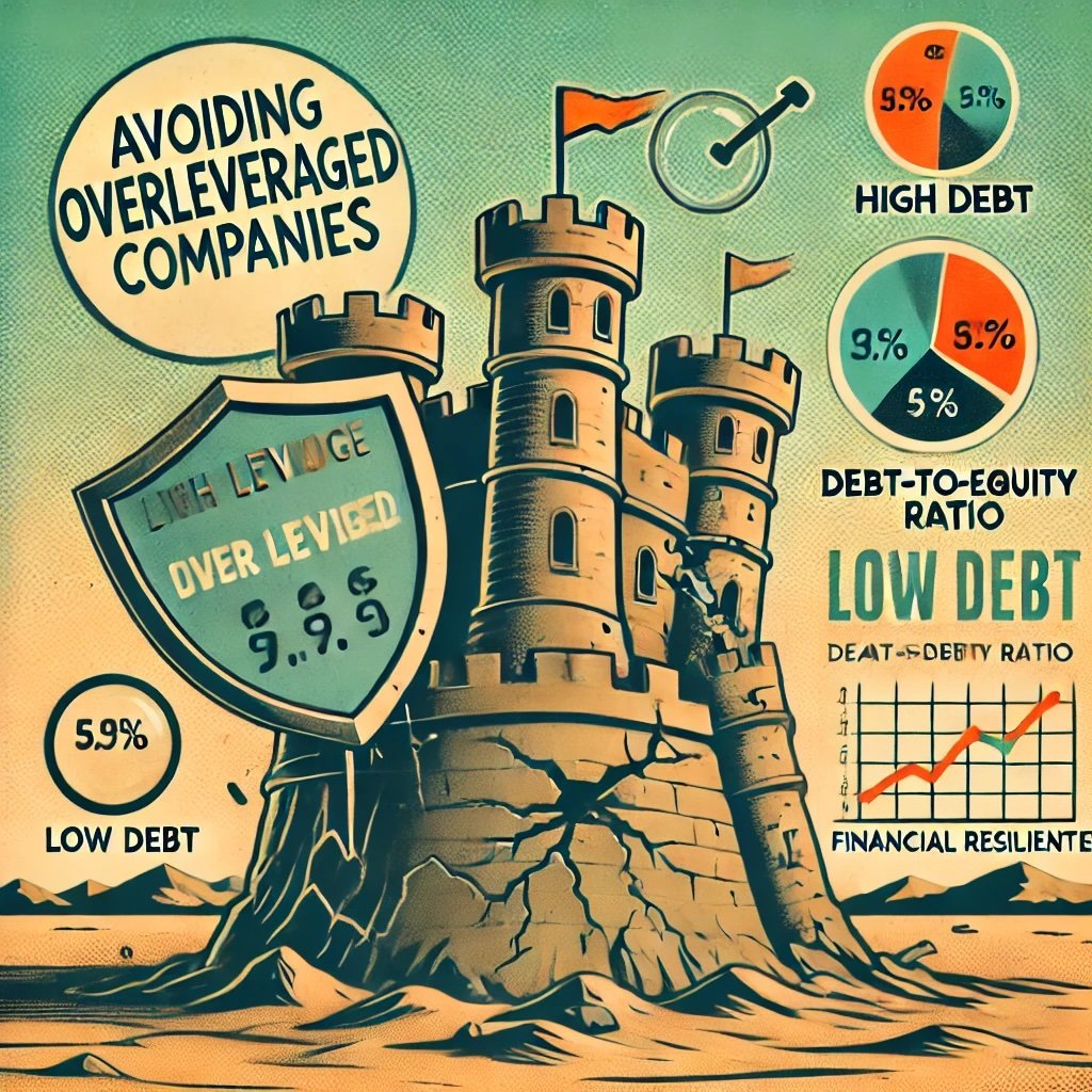 Avoiding Overleveraged Companies features a cracked fortress labeled High Leverage sinking into quicksand, highlighting the instability of excessive debt a stable fortress