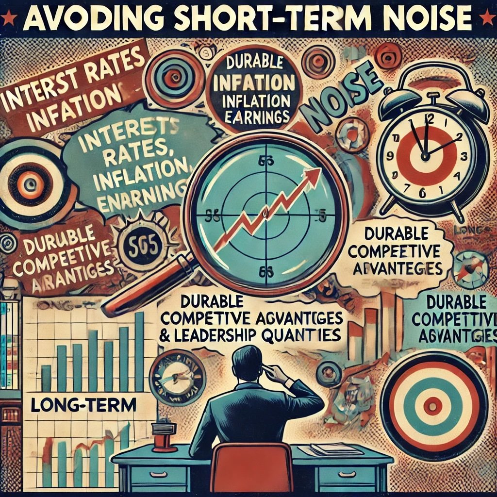 Avoiding Short-Term Noise showing a chaotic swirl of headlines about interest rates, inflation, and corporate earnings while a calm figure focuses on a long-term growth chart