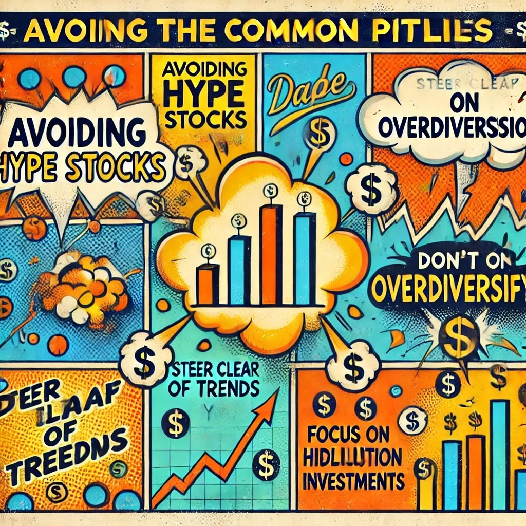 Avoiding the Common Pitfalls" in investing, focusing on avoiding hype stocks and overdiversification with cautionary twist to these essential investment strategies