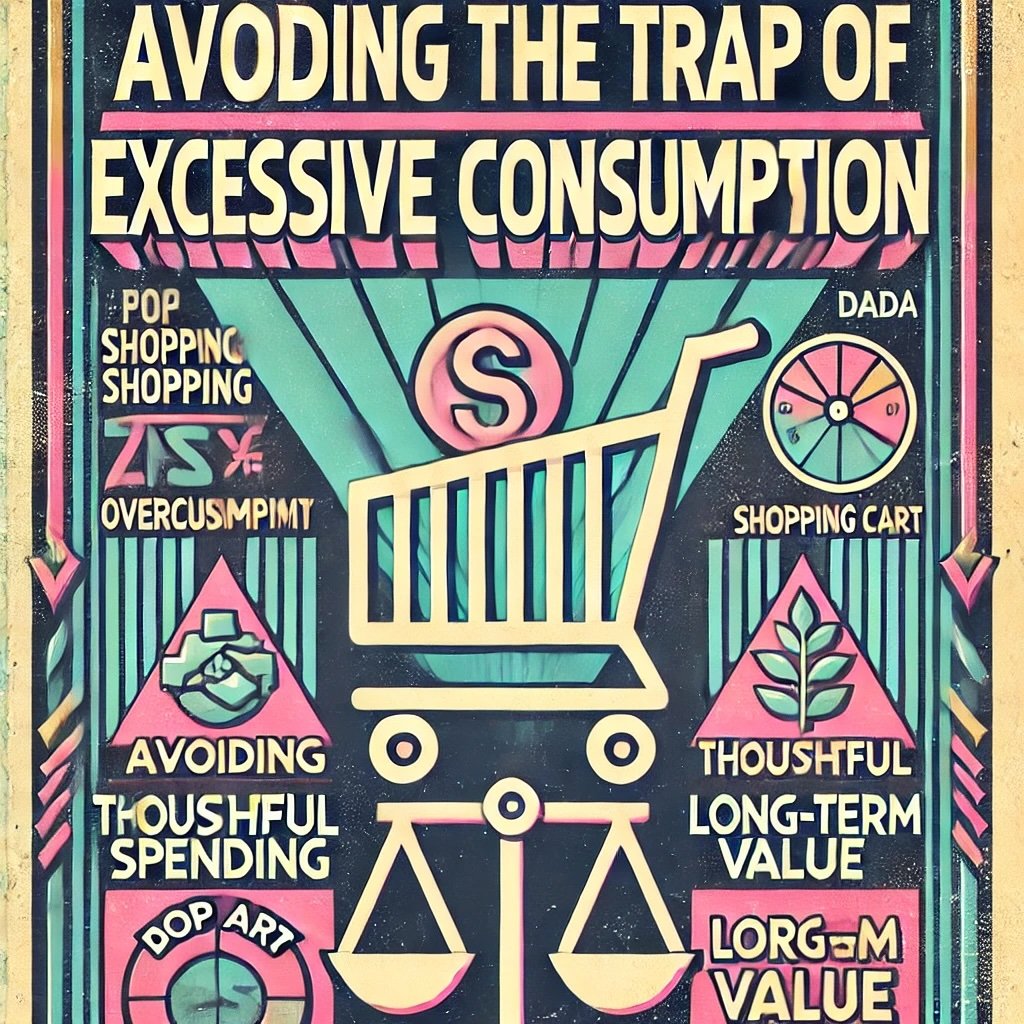 Avoiding the Trap of Excessive Consumption broken shopping cart, a balanced scale highlights the importance of financial discipline and contentment over materialism