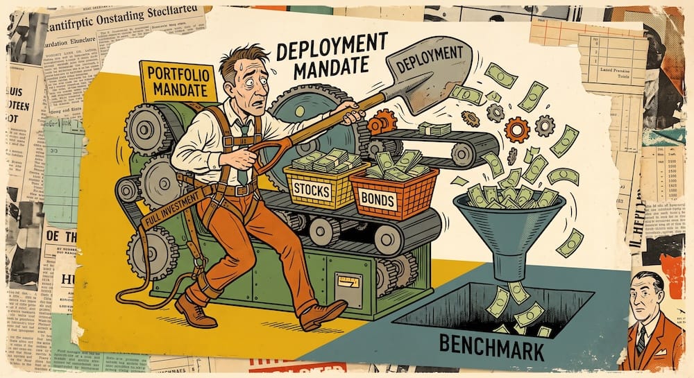 Un gestor de fondos exhausto está atado a una máquina que lo obliga a palear efectivo hacia acciones y bonos para seguir a un índice de referencia, ilustrando la presión institucional por mantener un mandato de estar 100% invertido.