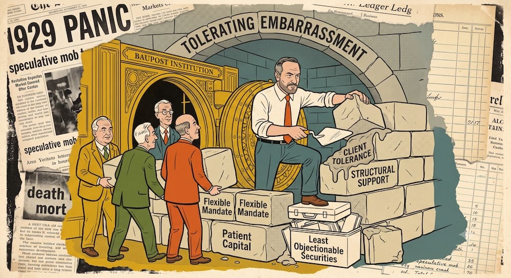 Editorial cartoon showing Seth Klarman building a stone vault labeled 'Baupost Institution' using blocks marked 'Flexible Mandate' and 'Patient Capital.' The archway above says 'Tolerating Embarrassment.' Other figures lift blocks labeled 'Client Tolerance.' The scene is contrasted against background newspaper clippings headlined '1929 Panic' and 'Speculative Mob,' illustrating a structural investment philosophy.
