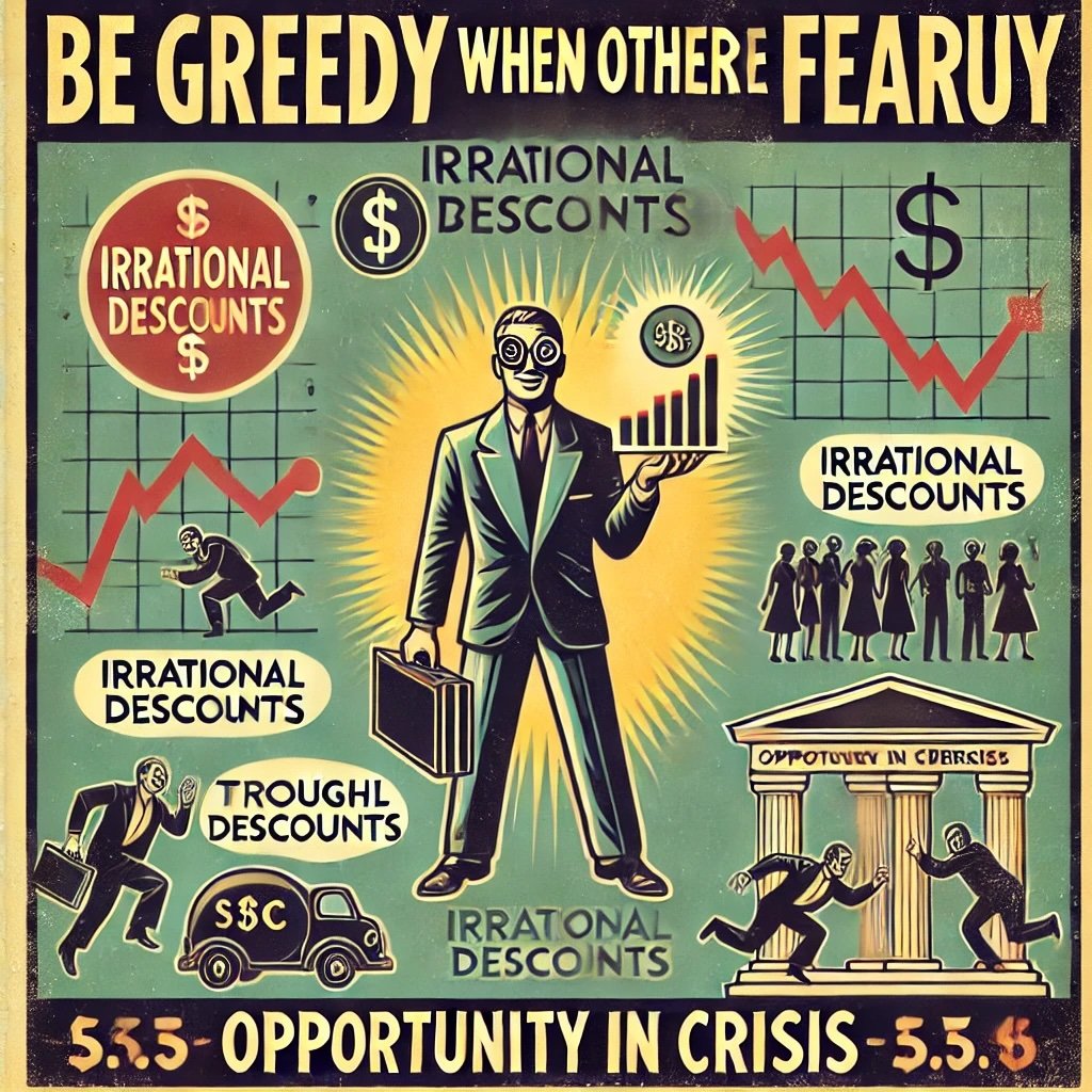 Be Greedy When Others Are Fearful" portrays a confident figure holding a stock chart labeled Irrational Discounts surrounded by symbols of panic falling graphs fleeing figures