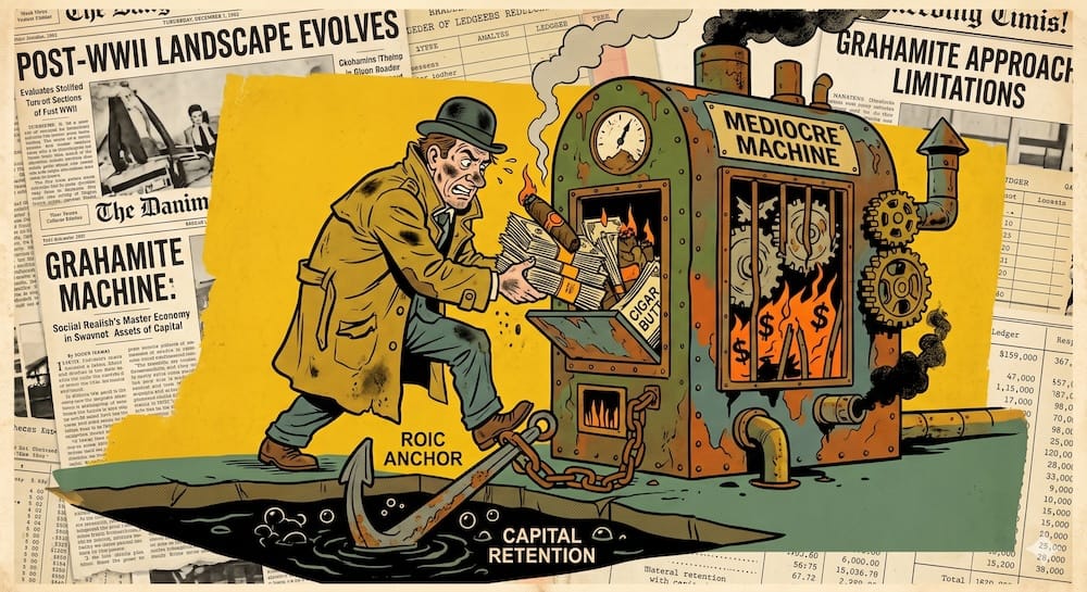 The Limitations of Cigar Butt Investing: How Low Return on Invested Capital Anchors Long-Term Capital Retention An investor feeding cash into a rusted, burning furnace labeled "MEDIOCRE MACHINE". His ankle is bound by a heavy chain to a rusted sea anchor submerged in liquid sludge labeled "ROIC ANCHOR".