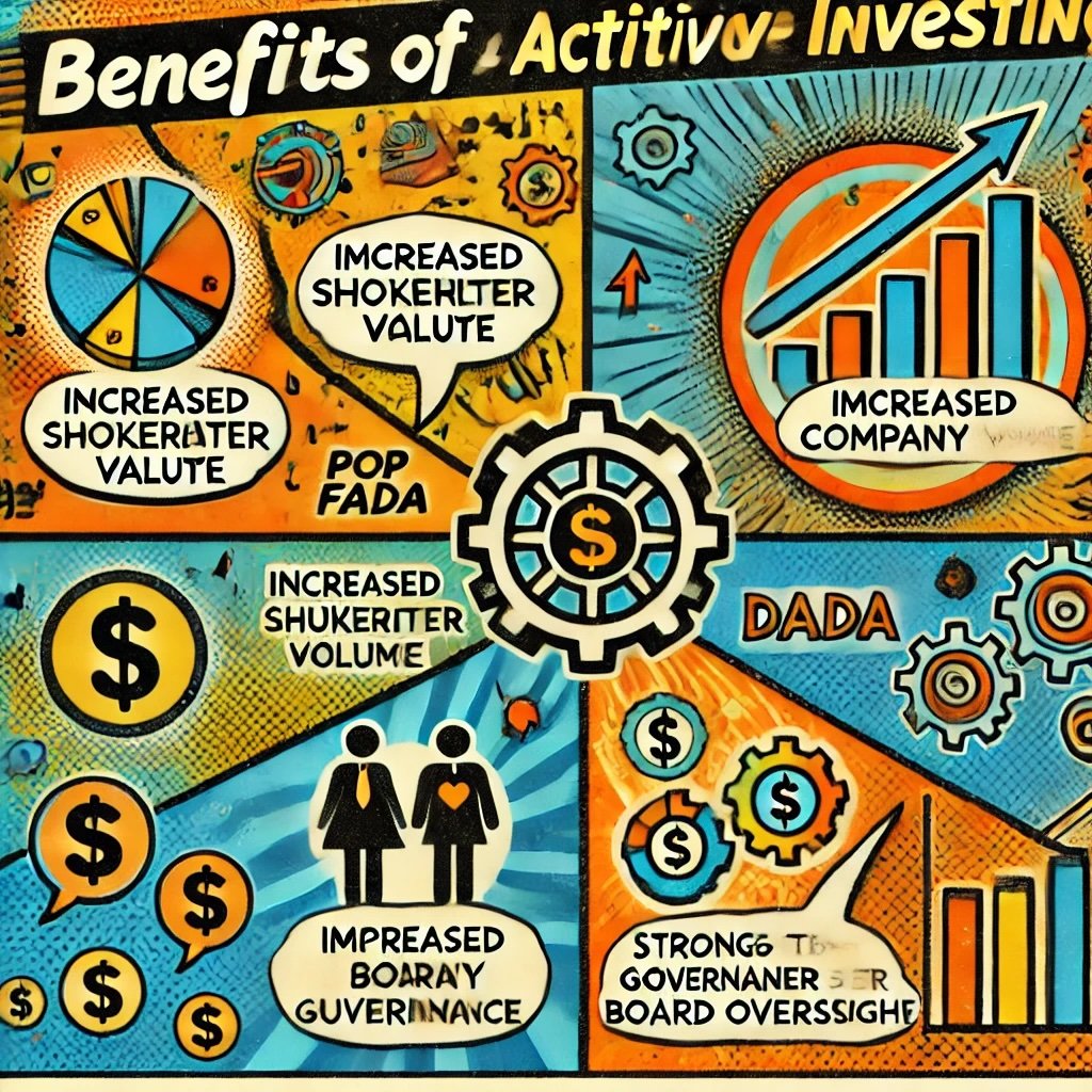 Benefits of Activist Investing highlighting increased shareholder value, improved company performance, and stronger governance