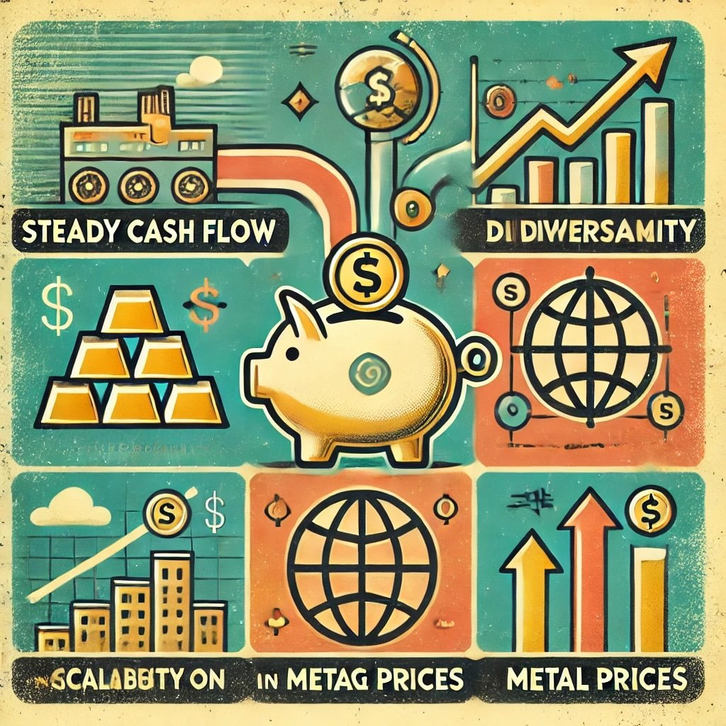 Benefits of Investing in Mining Royalty Companies concept highlights appeal of steady cash flow, diversification across global mines, scalability and leverage on rising metal prices. It underscores the efficiency and stability of royalty firms, offering financial growth with reduced operational risks compared to traditional mining. This approach attracts investors seeking consistent returns and exposure to precious metals.