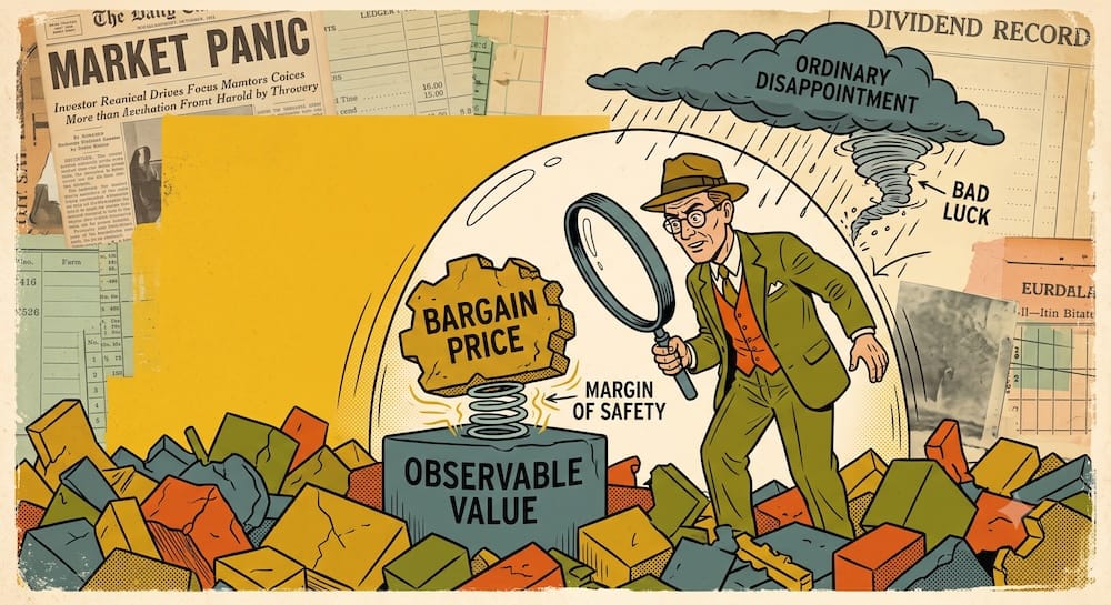 The Benjamin Graham investment method shown as a focused investor examining a building block labeled “BARGAIN PRICE” supported by a foundation of “OBSERVABLE VALUE,” creating a structural “MARGIN OF SAFETY” that effortlessly absorbs falling debris labeled “ORDINARY DISAPPOINTMENT” and “BAD LUCK” from a rain cloud.