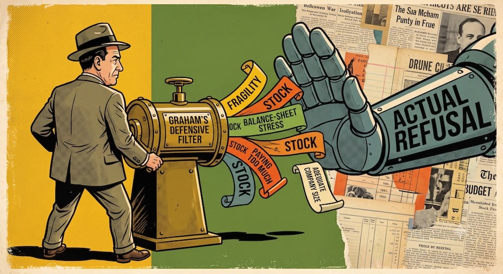Benjamin Graham pushes stocks through a mechanical processor labeled GRAHAM’S DEFENSIVE FILTER. Emerging on the other side are financial risks labeled FRAGILITY, BALANCE-SHEET STRESS, and PAYING TOO MUCH, which are blocked by a massive mechanical hand displaying the words ACTUAL REFUSAL. A single scroll for ADEQUATE COMPANY SIZE drops below. The scene demonstrates using strict quantitative rules to reject overvalued or weak securities before emotional attachment can distort investment decisions.