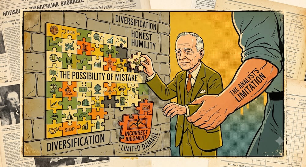 Benjamin Graham stands by a stone wall containing a large puzzle labeled THE POSSIBILITY OF MISTAKE and DIVERSIFICATION. He slots a puzzle piece while a massive arm labeled THE ANALYST'S LIMITATION guides him. A broken puzzle piece below reads INCORRECT JUDGMENT and LIMITED DAMAGE. Brick text reads HONEST HUMILITY. The scene represents diversification as an intentional admission of investor fallibility.