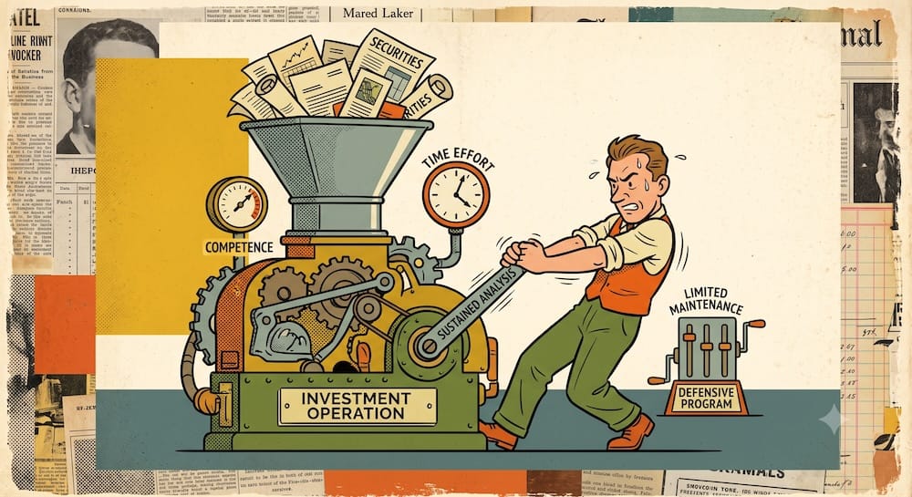 A sweating investor operates a complex, high-effort 'INVESTMENT OPERATION' machine using a lever for 'SUSTAINED ANALYSIS.' The machine has a time clock and a 'COMPETENCE' gauge. A second, simple, rules-based 'DEFENSIVE PROGRAM' mechanism with a 'LIMITED MAINTENANCE' crank sits unused. This scene visually contrasts the substantial time and analytical effort required for enterprising investing against the simple, automated rules of defensive investing, based on Benjamin Graham's definitions in 'The Intelligent Investor.'
