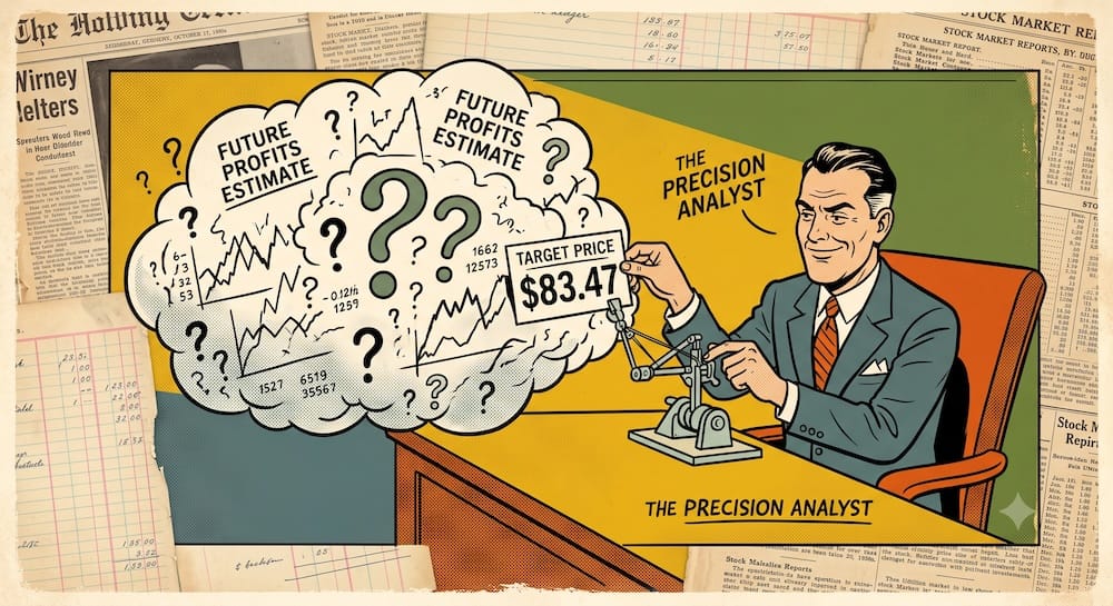 Gráfico de incertidumbre del valor intrínseco donde un analista etiquetado como analista de precisión usa una herramienta mecánica para pegar un precio objetivo de 83.47 dólares a una nube llena de signos de interrogación que representa el pronóstico de ganancias futuras