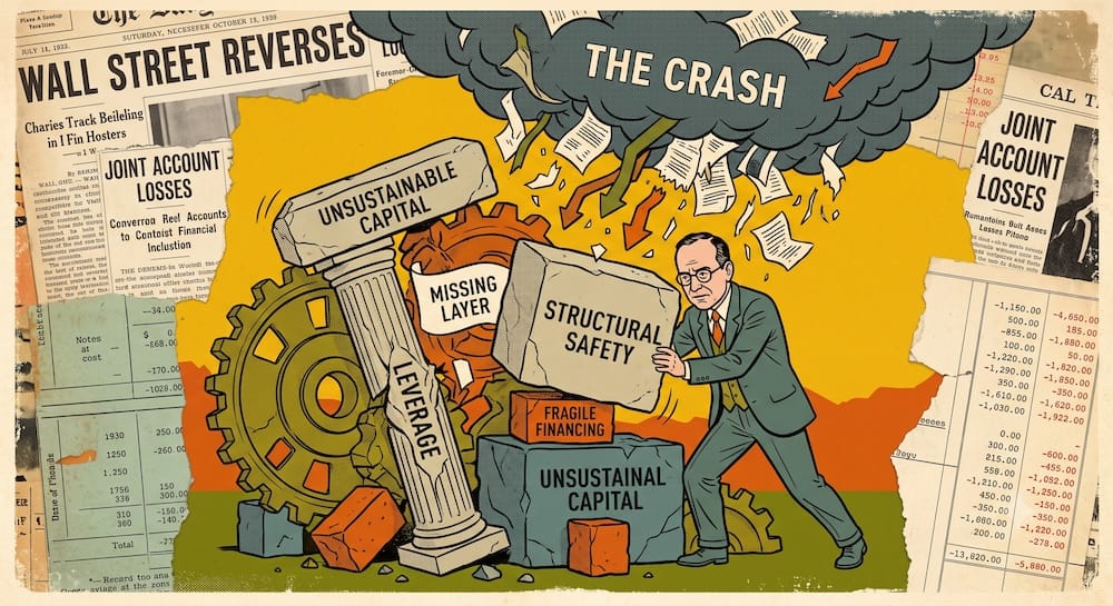 Benjamin Graham, looking distressed, is depicted struggling with a collapsing industrial structure of gears and blocks labeled UNSUSTAINABLE CAPITAL. In a central action, he desperately tries to replace a crumbling 'FRAGILE FINANCING' brick with a large, solid 'STRUCTURAL SAFETY' block. Above this, a dark cloud of shredded documents and arrows, labeled THE CRASH, rains down. Text embedded in the scene includes 'LEVERAGE' on a fractured column and 'MISSING LAYER' on a scroll of paper between the falling blocks. The scene illustrates the danger of leverage defeating sound security analysis.