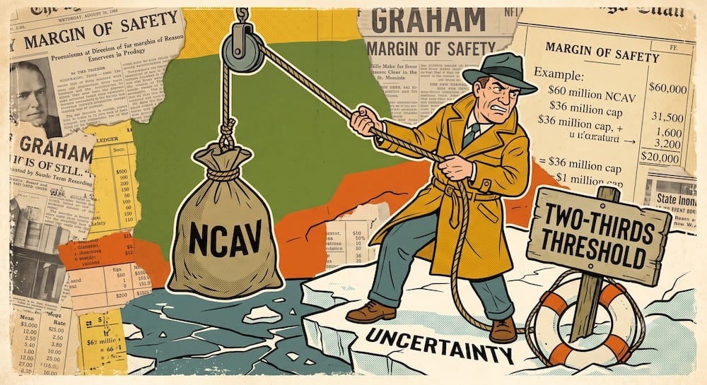 Un inversor parado sobre un bloque de hielo agrietado rotulado como 'UNCERTAINTY', que representa riesgos severos de mercado, opera un sistema de poleas para levantar una pesada bolsa marcada como 'NCAV VALUE'. Al lado, un cartel en un salvavidas marca el 'TWO-THIRDS THRESHOLD'. La escena visualiza el enfoque disciplinado de Graham y Dodd.