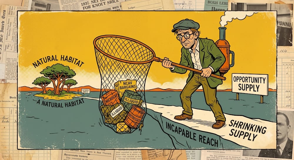 Benjamin Graham Net-Net NCAV Investment Strategy vs. Shrinking Modern Opportunity Supply An investor stands on a cliff edge labeled 'SHRINKING SUPPLY' and 'INCAPABLE REACH' using a net to catch blocks labeled 'NCAV BARGAINS', 'MICROCAP', 'ILLIQUID', and 'DISTRESSED', demonstrating the shrinking natural habitat of deep value strategies.