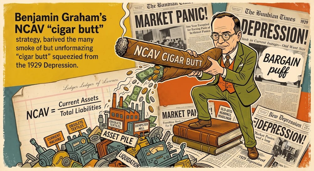 Benjamin Graham's NCAV 'Cigar Butt' Liquidation Arbitrage operating system illustrated. Benjamin Graham's caricature in a suit and spectacles on a pile of aged books. Graham grips a massive cigar, literalizing the "cigar butt" strategy, from which money, machines, and asset debris cascade like a liquidation event. The background is a vintage collage of news headlines about market panics and the 1929 depression