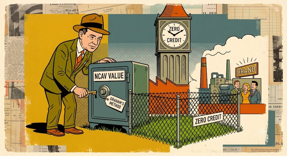 Un inversor, aplicando el método net-net de Benjamin Graham, usa una aritmética severa de balance para encerrar los activos corrientes en una caja fuerte de 'NCAV VALUE', la cual tiene un dial prominente de 'ANALYTICAL REFUSAL'. Deja afuera los activos fijos, fábricas, valor de marca y el potencial operativo detrás de una cerca de 'ZERO CREDIT FENCE', tratándolos como recuperaciones condicionales que no califican para la valuación inicial de ganga. Una torre de reloj marca 'ZERO CREDIT'.
