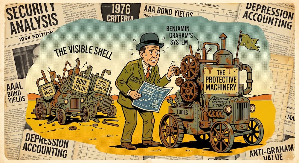 Benjamin Graham’s Durable Value Investing Principles vs. Obsolete Obsolete Financial Screens A confused value investor caricature stands between an obsolete 1970s stock screen machine labeled ‘THE VISIBLE SHELL’ and a functional ‘PROTECTIVE MACHINERY’ tractor. He reads a 1976 earnings multiple report linked to AAA bond yields.