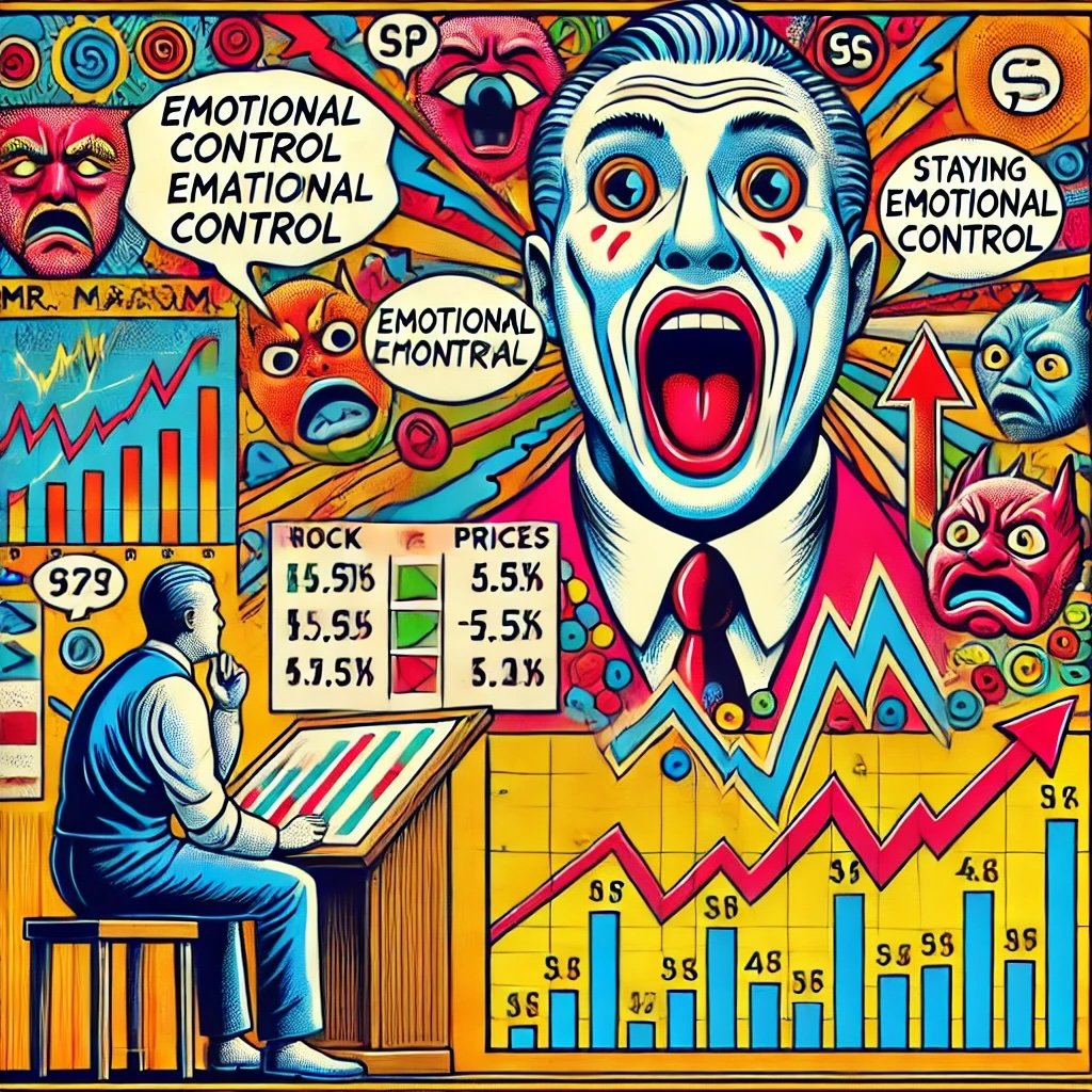 Benjamin Graham's "Mr. Market" concept, emphasizing the importance of emotional control in investing. Mr. Market is depicted with fluctuating stock prices, while a calm investor focuses on long-term strategy, illustrating how to leverage market irrationality for advantage