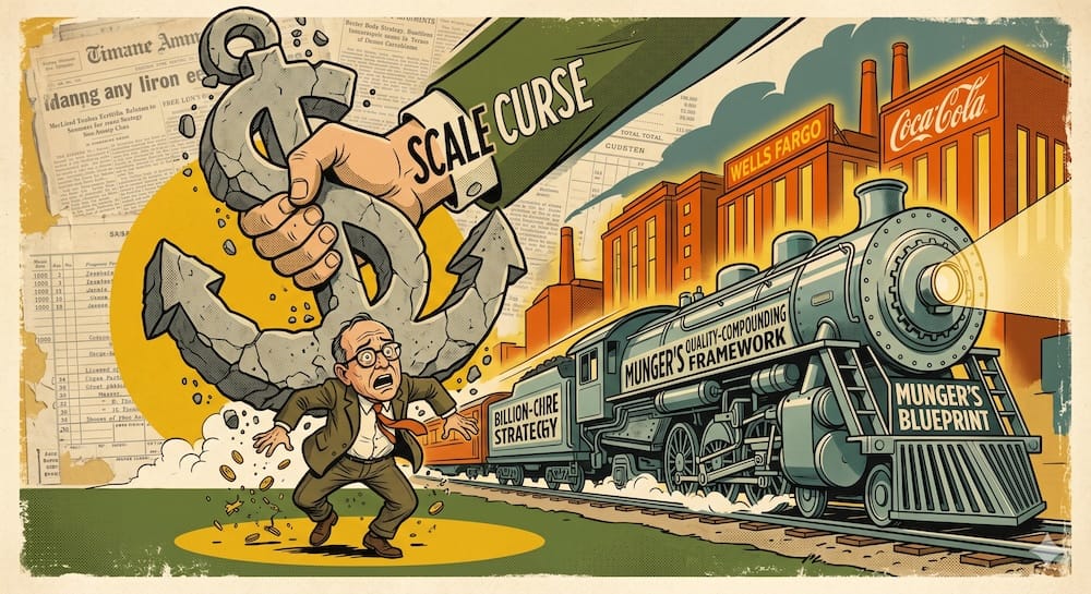Why Berkshire Hathaway Needed Charlie Munger to Outgrow Ben Graham’s Scale Curse A gigantic, heavy anchor made of crumbling dollar signs crashes down, crushing tiny Ben Graham net-net coins, while a powerful, gleaming Munger locomotive surges forward, pulling high-quality assets