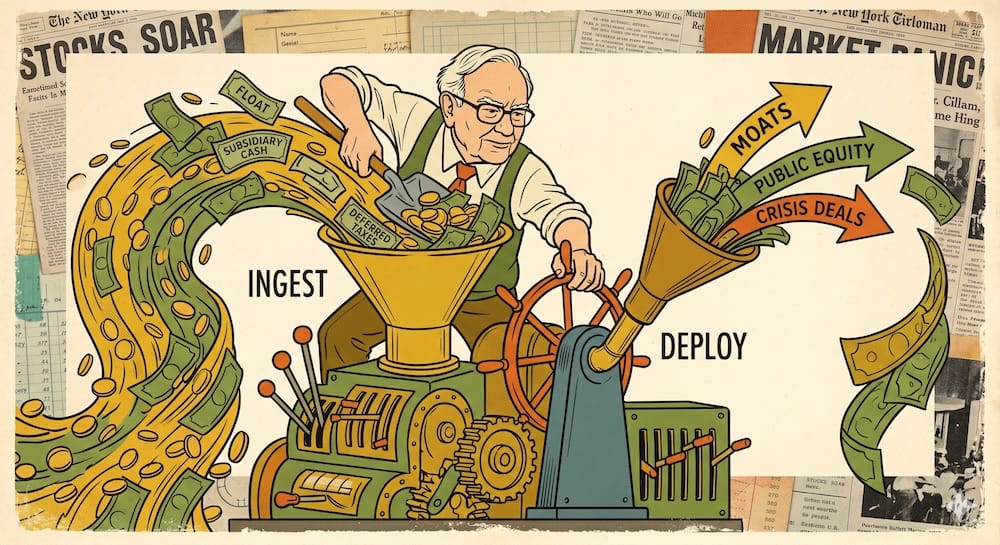 Warren Buffett caricature operating a massive central cash-routing machine. Streams of coins labeled Float and Subsidiary Cash ingest into one funnel, which he redirects into funnels launching toward Moats and Equity.