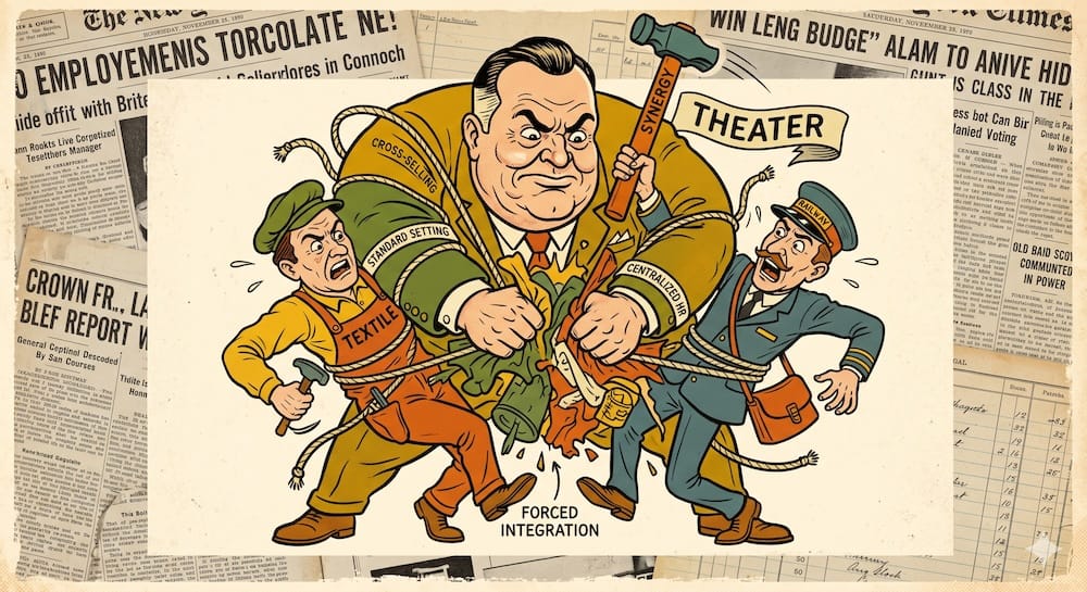 Berkshire Hathaway Business Federation Model: Actively Avoiding Conglomerate Synergy Theater And Forced Operational Integration Friction A bloated corporate executive swinging a Synergy hammer to force a textile worker and railway worker together with ropes. Vintage newspaper background text reads Forced Integration.