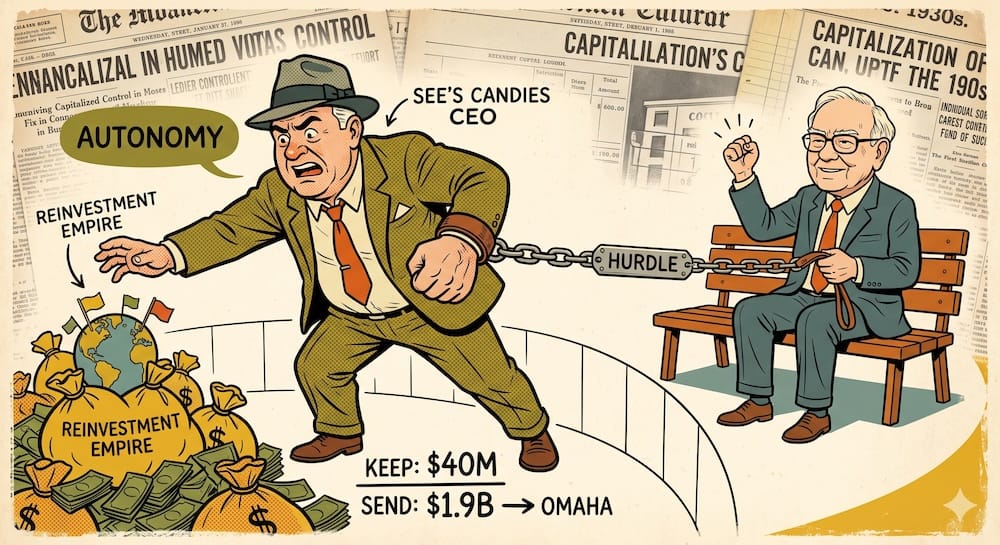 Personaje que representa al CEO de See's Candies haciendo fuerza contra una cadena de metal con la etiqueta HURDLE, sostenida por Warren Buffett en un banco de plaza. El primer plano muestra bolsas de efectivo etiquetadas como Reinvestment Empire y un texto de fracción matemática que dice Keep $40M over Send $1.9B to Omaha.