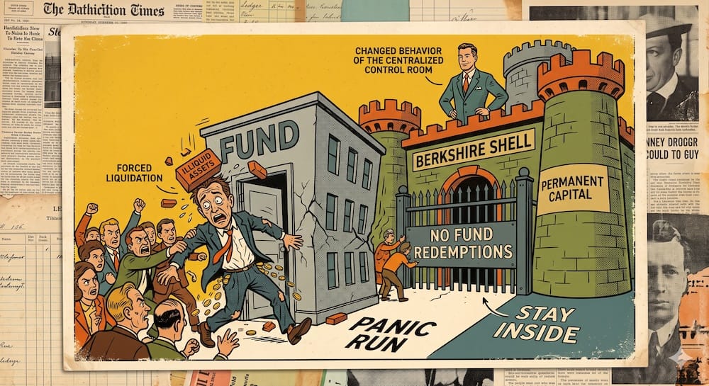 The fortified Berkshire Shell protecting capital while a frantic mutual fund manager faces forced redemption pressure and forced liquidation during a panic run.