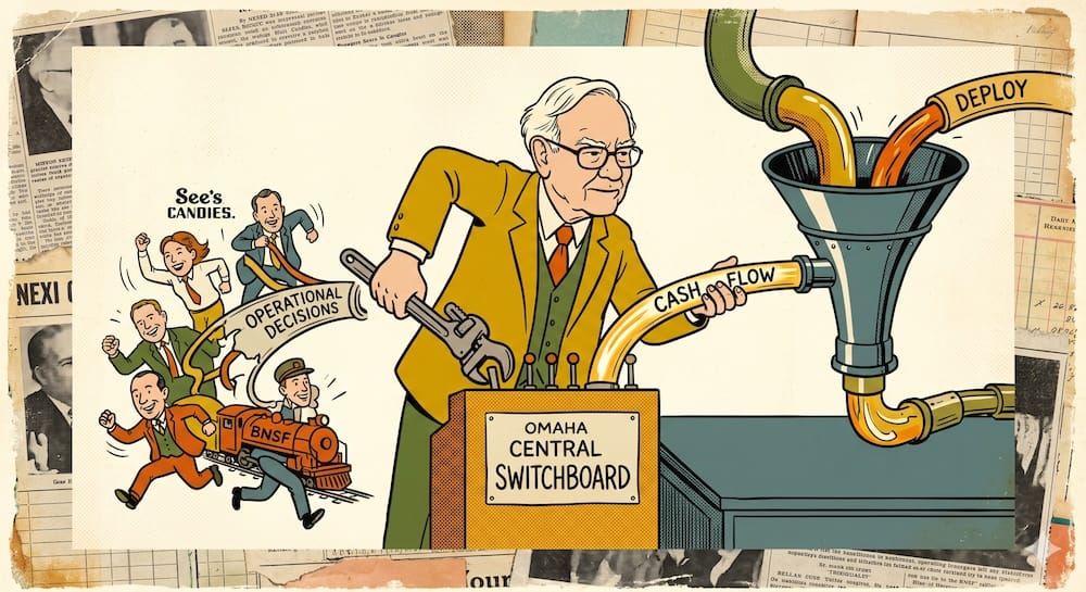 Warren Buffett caricature physically separates pipelines of Operating Decisions from glowing streams of Cash Flow. Buffett routes the Cash Flow centrally into a large Omaha Switchboard.