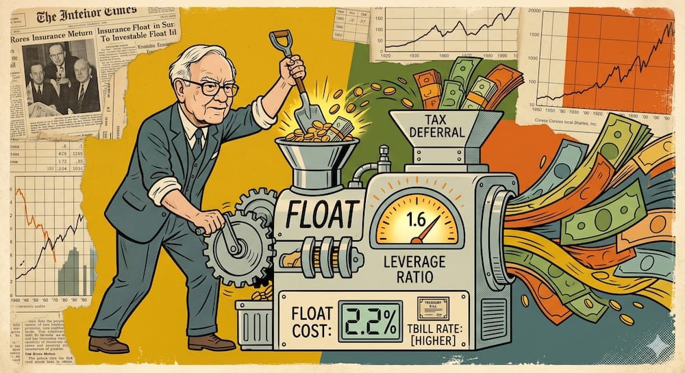 Warren Buffett caricature operating a complex financial leverage machine. A glowing fuel gauge on the front of the machine reads 1.6 to 1 and is labeled Leverage Ratio. Buffett is hand-fueling the mechanism with coins and premium policies while redirecting other streams of capital through a separate intake labeled Tax Deferral.