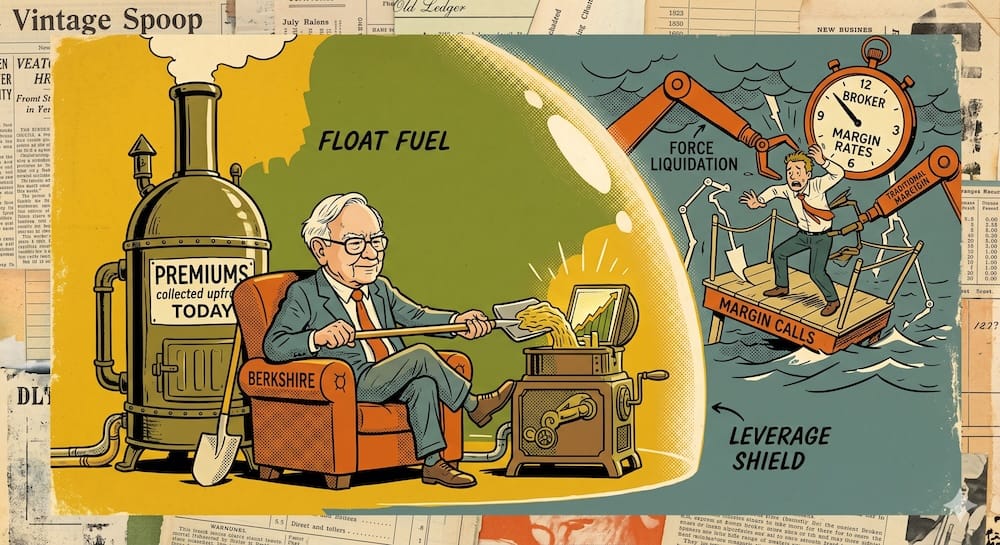 A relaxed Warren Buffett figure protected within a large 'FLOAT SHIELD' bubble. He easily handles stable 'INSURANCE RESESERVES' while a frantic retail investor outside, trapped on 'TRADITIONAL MARGIN', is attacked by mechanical 'MARGIN CALL' broker arms attempting to force liquidation.