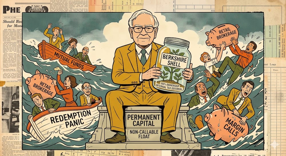 Warren Buffett sentado tranquilo sobre una base de capital permanente sosteniendo un escudo contra el arrastre fiscal, rodeado de inversores desesperados en botes salvavidas de fondos comunes huyendo del riesgo de rescates y las margin calls.
