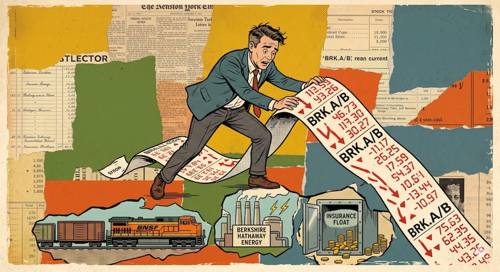 A retail investor character in the foreground, frantically trying to hold up a plunging stock chart labelled BRK.A. Below, protected hidden rooms show BNSF freight trains and energy power plants continuing to operate despite the visible market crash.