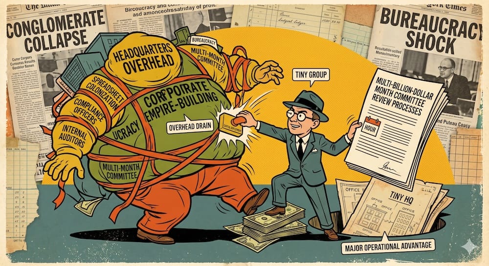 Berkshire Hathaway Tiny Headquarters Advantage: Eliminating Corporate Overhead And Bureaucratic Committee Decision Deadlocks Cartoon with thin line layouts contrasting a giant, bloated corporate figure wrapped in Bureaucracy ropes against a nimble, sharp executive labeled Tiny Group stamping approval on multi-billion-dollar deals within hours.