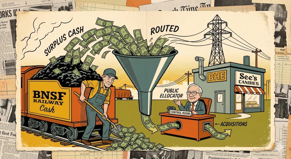 Caricatura que muestra a empresas diversas como BNSF, See's Candies y BHE canalizando sus flujos de caja excedentes hacia una sala de control centralizada donde se desvían de la reinversión local hacia mejores oportunidades.