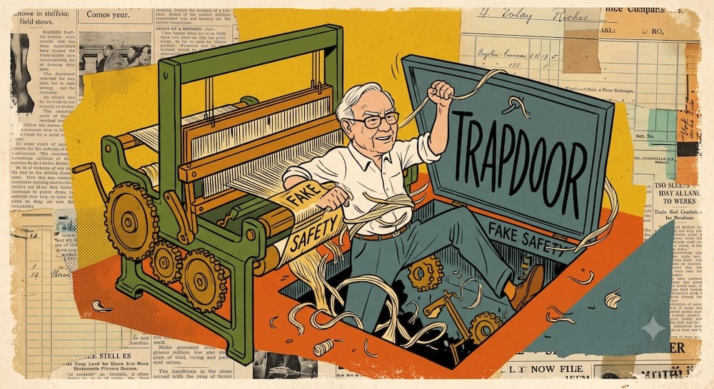 Berkshire Textile Fake Safety Trapdoor: Buffett's Hundred-Billion-Dollar Opportunity Cost Mistake Warren Buffett caricature actively traps himself within a colossal mechanical loom that is also a pit, pulling on a large 'FAKE SAFETY' lever. Newspaper collage background.