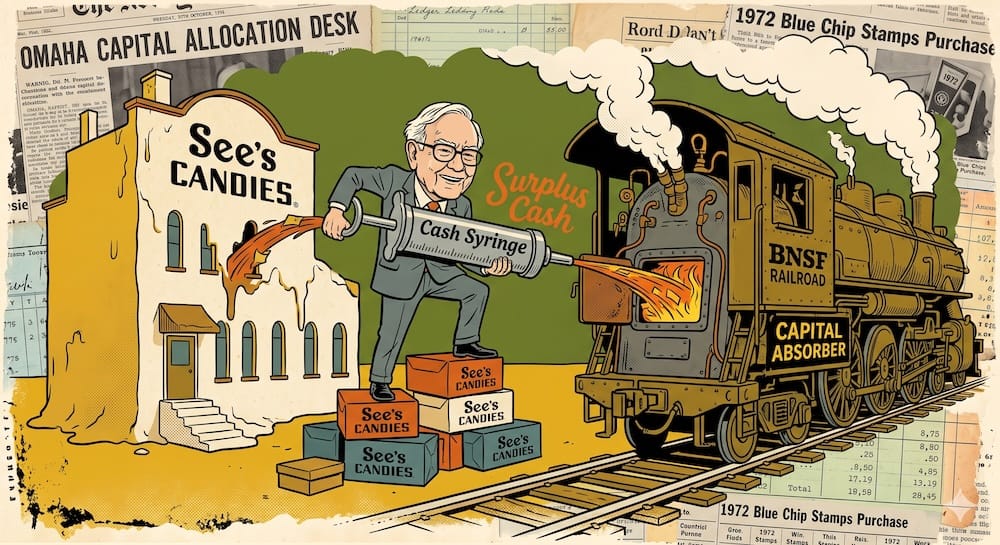 Warren Buffett operando manualmente una jeringa gigante para extraer dinero excedente de una fábrica de chocolate de See's Candies e inyectándolo en la caldera ardiente de una gran locomotora de carga de BNSF etiquetada como 'Absorbedor'. El fondo de collage desgastado usa libros contables antiguos.