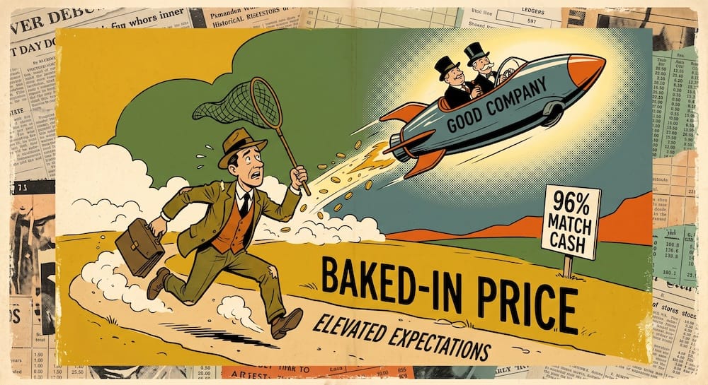 Bessembinder study: An individual investor frantically runs with a net, failing to chase a futuristic rocket labeled ‘GOOD COMPANY’. The rocket has already launched high into the air. A signpost confirms the investor missed the ‘ELEVATED EXPECTATIONS’ because of the ‘BAKED-IN PRICE’, while text on the ground notes the 96% of stocks that only matched cash returns.