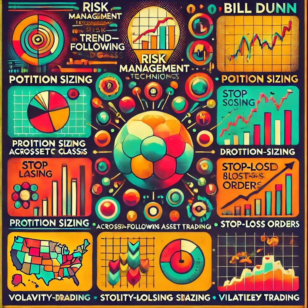 Bill Dunn's risk management techniques in trend-following trading such as position sizing, diversification, stop-loss orders, and volatility-based adjustments 