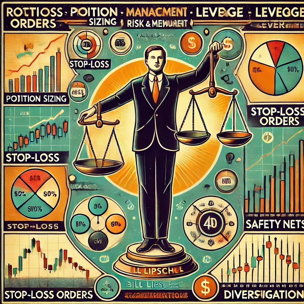 Bill Lipschutz's risk management techniques, featuring elements like position sizing, stop-loss orders, leverage, and diversification and risk in forex trading 