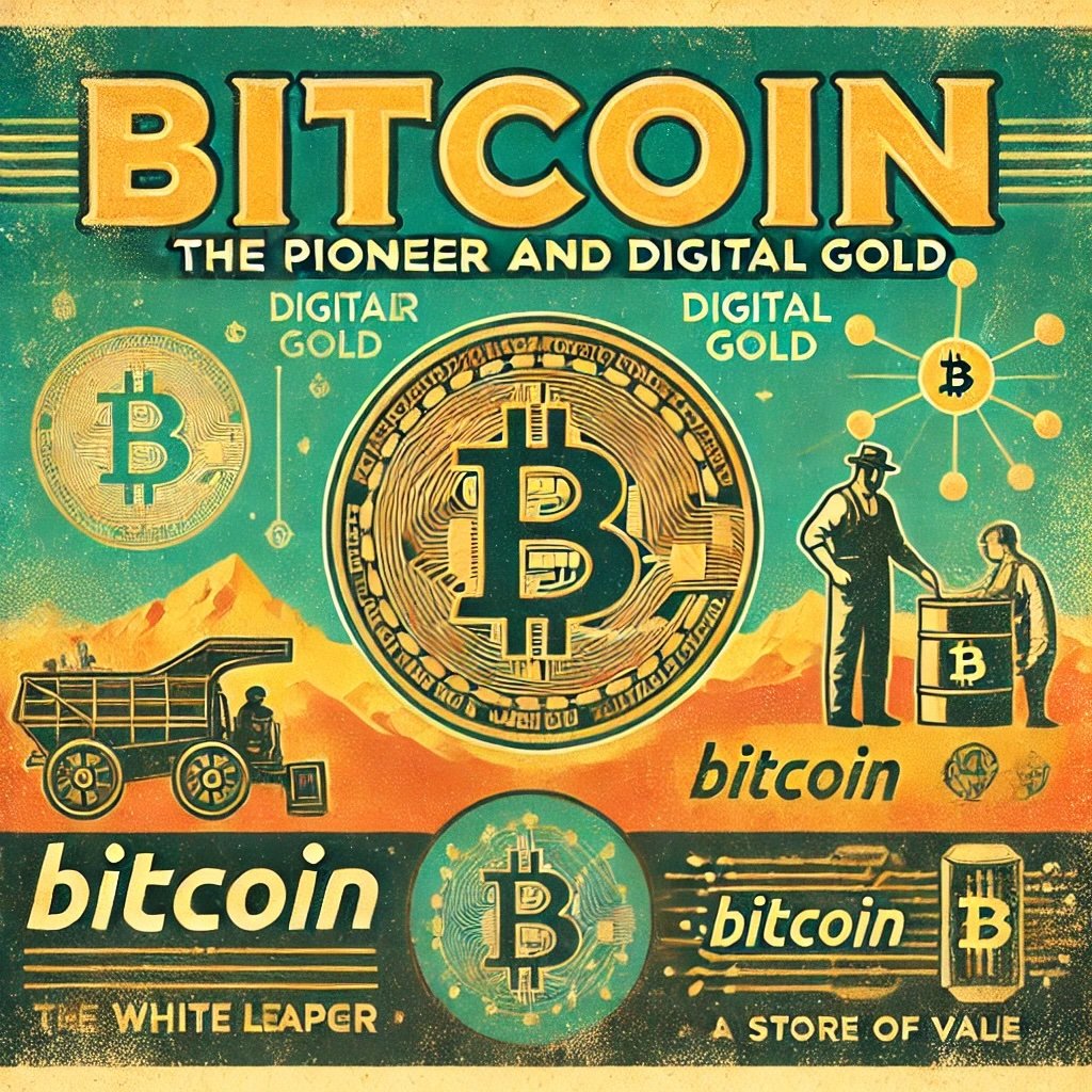 Bitcoin The Pioneer and Digital Gold capturing Bitcoin's journey from its inception, its innovative blockchain, and its evolution into a digital store of value.