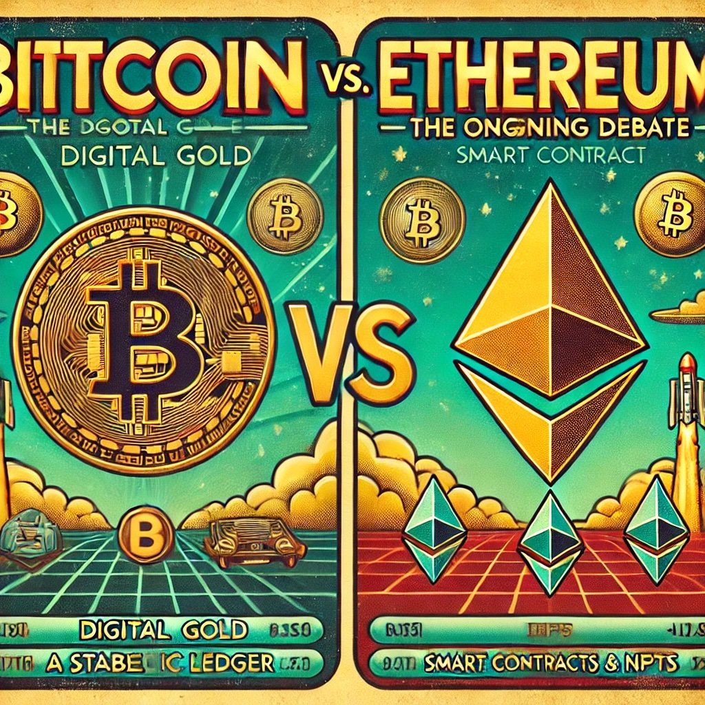 Bitcoin vs. Ethereum The Ongoing Debate captures the essence of the comparison between the two major cryptocurrencies. Bitcoin is portrayed as the stable, iconic "digital gold," while Ethereum represents innovation with its programmable blockchain enabling DeFi, dApps, and NFTs. The design emphasizes their distinct roles and ongoing challenges within the dynamic blockchain universe.