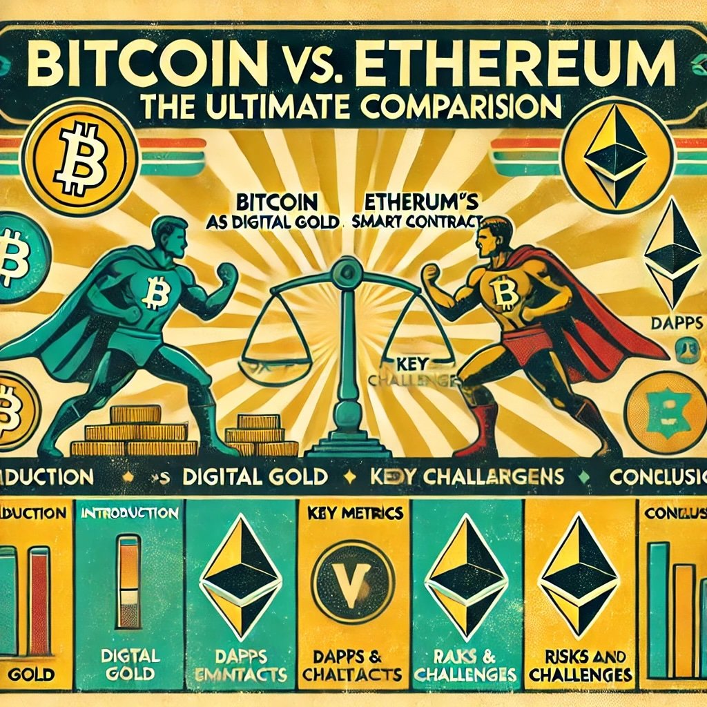 Bitcoin vs. Ethereum The Ultimate Comparison captures the detailed examination of their roles, strengths, challenges, and co-existence. It visually highlights the core narrative of Bitcoin's digital gold versus Ethereum's smart contract revolution, providing a comprehensive view of their contributions and the ongoing debate in the crypto world