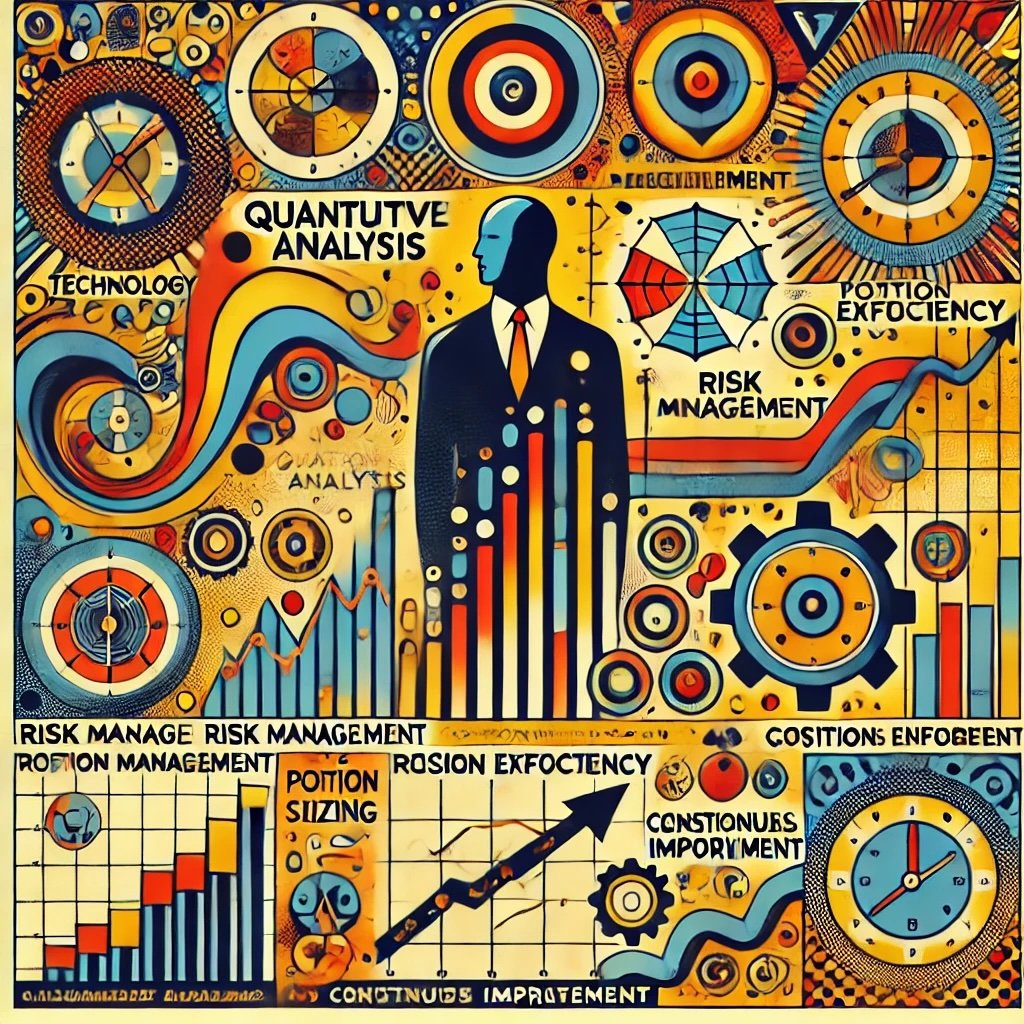 Blair Hull’s key trading takeaways, featuring symbols of quantitative analysis, risk management, and adaptability