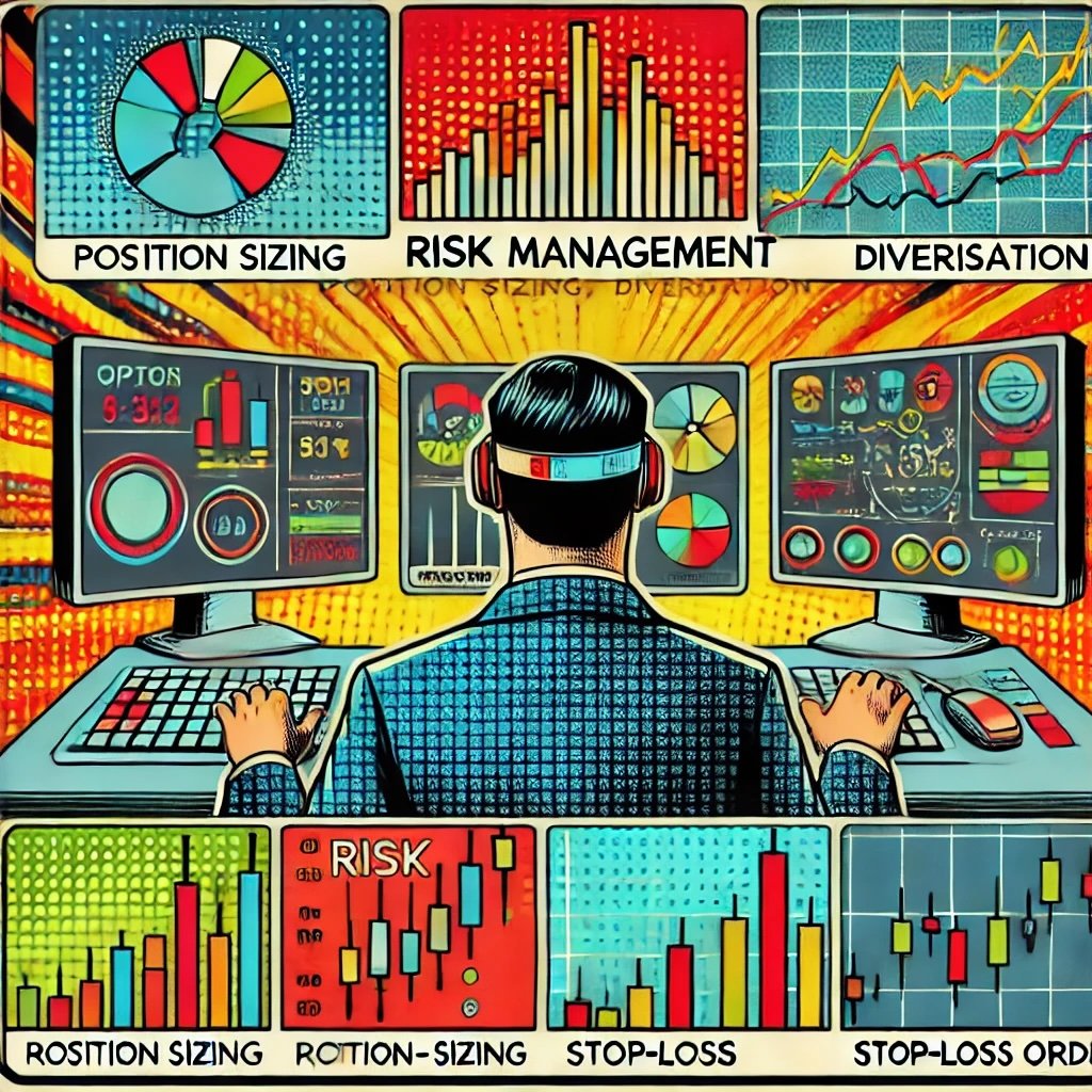 Blair Hull's risk management techniques in options trading highlights key components such as position sizing, diversification, statistical models, stop-loss orders, and trading discipline in a dynamic composition.