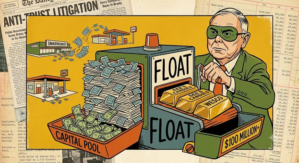 Charlie Munger, wearing an eyeshade, using a specialized machine to compress a massive pile of collected Blue Chip Stamps into solid gold bars labeled Sees Candies and Wesco, amidst a Neo-Dadaist collage of old newspaper headlines about anti-trust litigation.