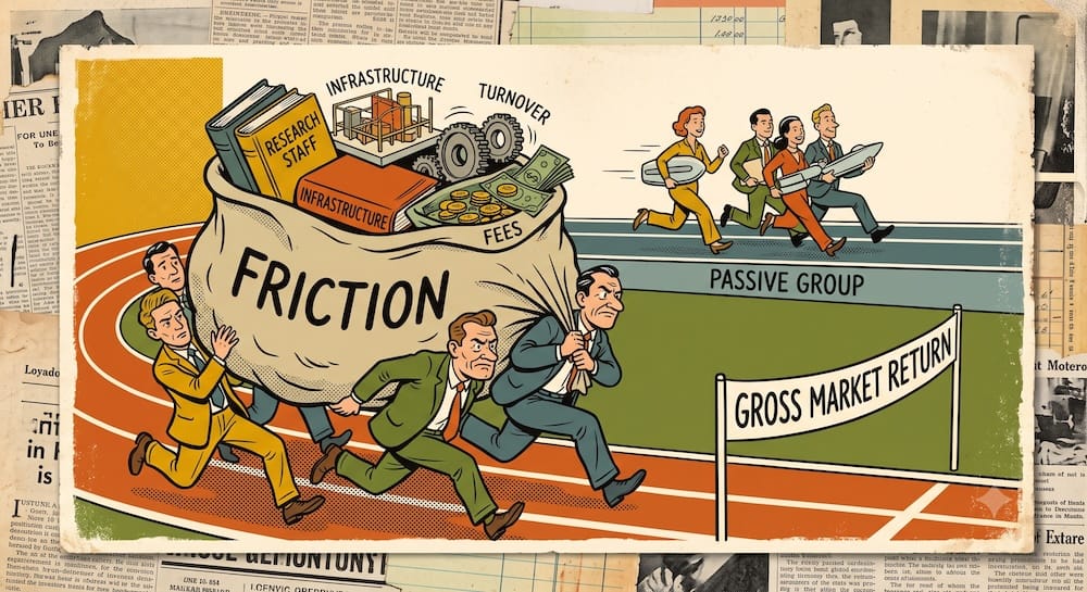 Bogle Cost Matters Hypothesis comparison: Active market participants are depicted struggling and slowing down on a track while carrying a massive, overwhelming sack labeled 'FRICTION'. It is overflowing with operational burdens like 'RESEARCH STAFF', 'INFRASTRUCTURE', 'TURNOVER', and 'FEES'. Parallel, on a raised, efficient track, a sleek, effortlessly gliding 'PASSIVE GROUP' has pulled ahead, demonstrating the aggregate cost disadvantage that forces active funds to trail.