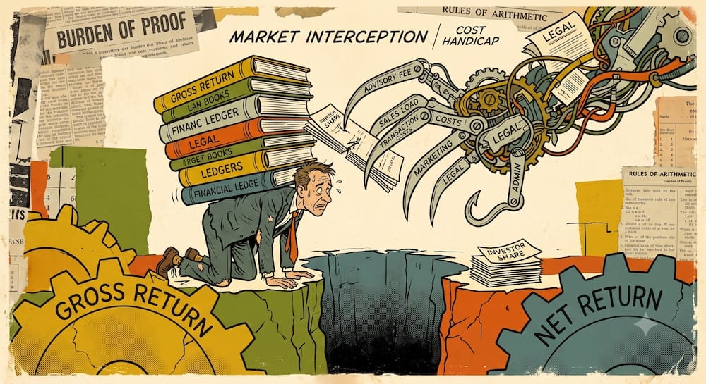La hipotesis de Bogle sobre los costos de intermediacion financiera y la brecha entre rendimiento bruto y neto Visualizacion de la Cost Matters Hypothesis de Bogle: un inversor avanza con dificultad bajo libros marcados GROSS RETURN frente a una garra mecanica llamada MARKET INTERCEPTION que tritura documentos en comisiones.